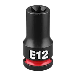 SHOCKWAVE Impact Duty 3/8" Drive E-Torx E12 Bit Socket features a black finish with white "E12" marking and a red ring at the base.