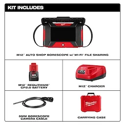 M12™ Auto Shop Borescope w/ Wi-Fi® File Sharing kit includes a borescope, Redlithium™ CP2.0 battery, M12™ charger, 5mm borescope camera cable, and a carrying case.