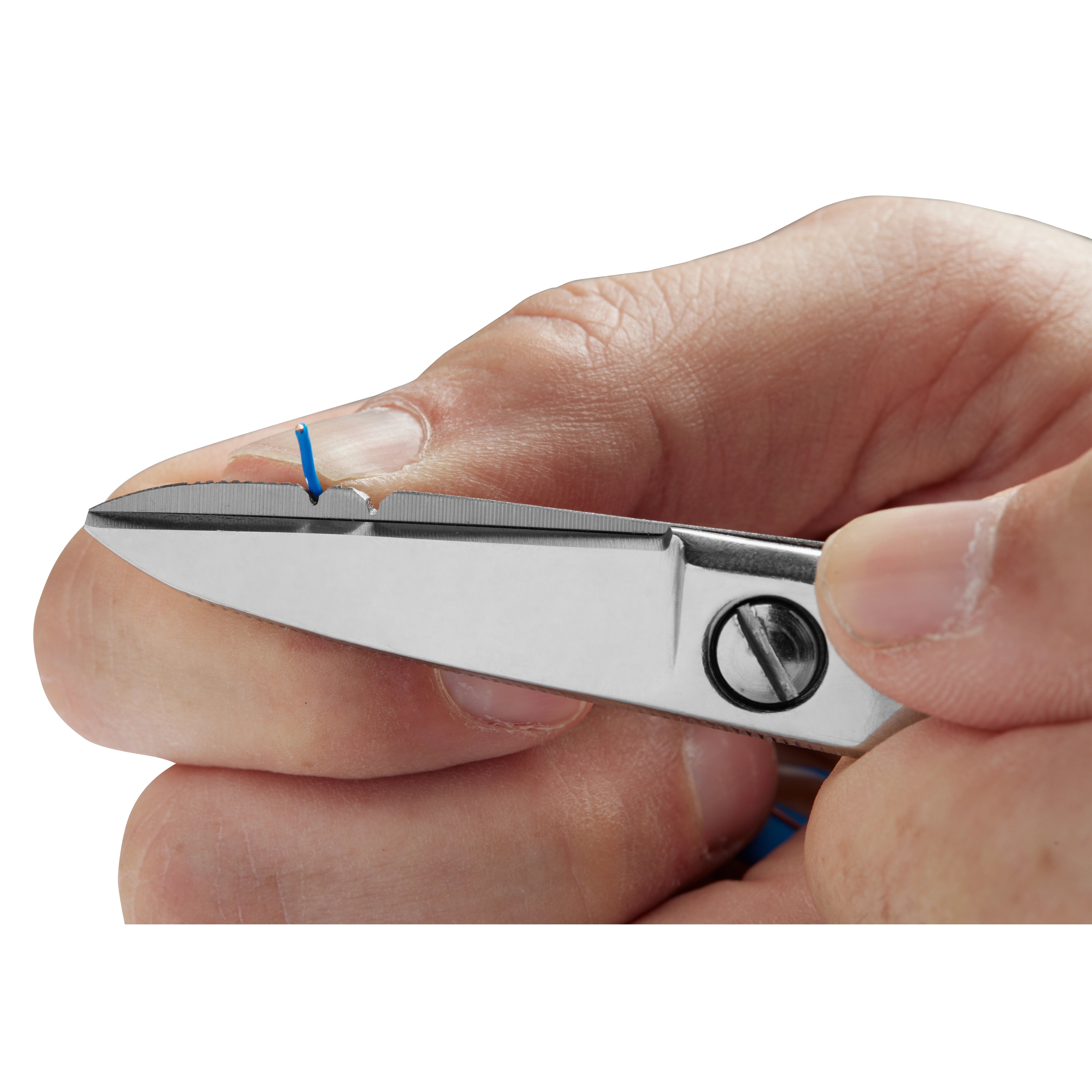 Close-up of a hand holding Electrician Scissors, cutting a small blue wire. The scissors have a built-in wire stripping notch.