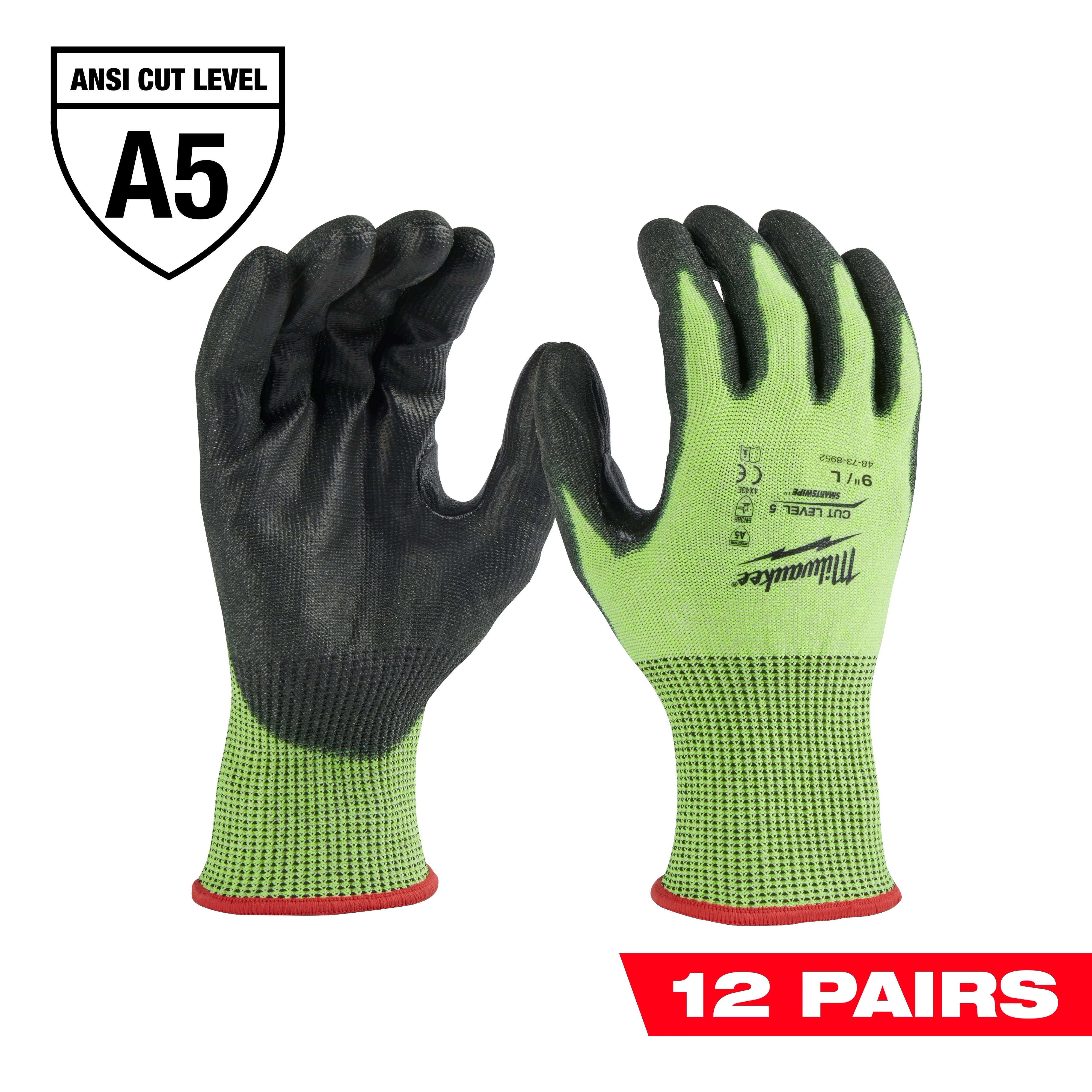 12PK Cut Level 5 Polyurethane Dipped Gloves in large size, offering ANSI A5 cut protection. Includes 12 pairs in lime green and black.