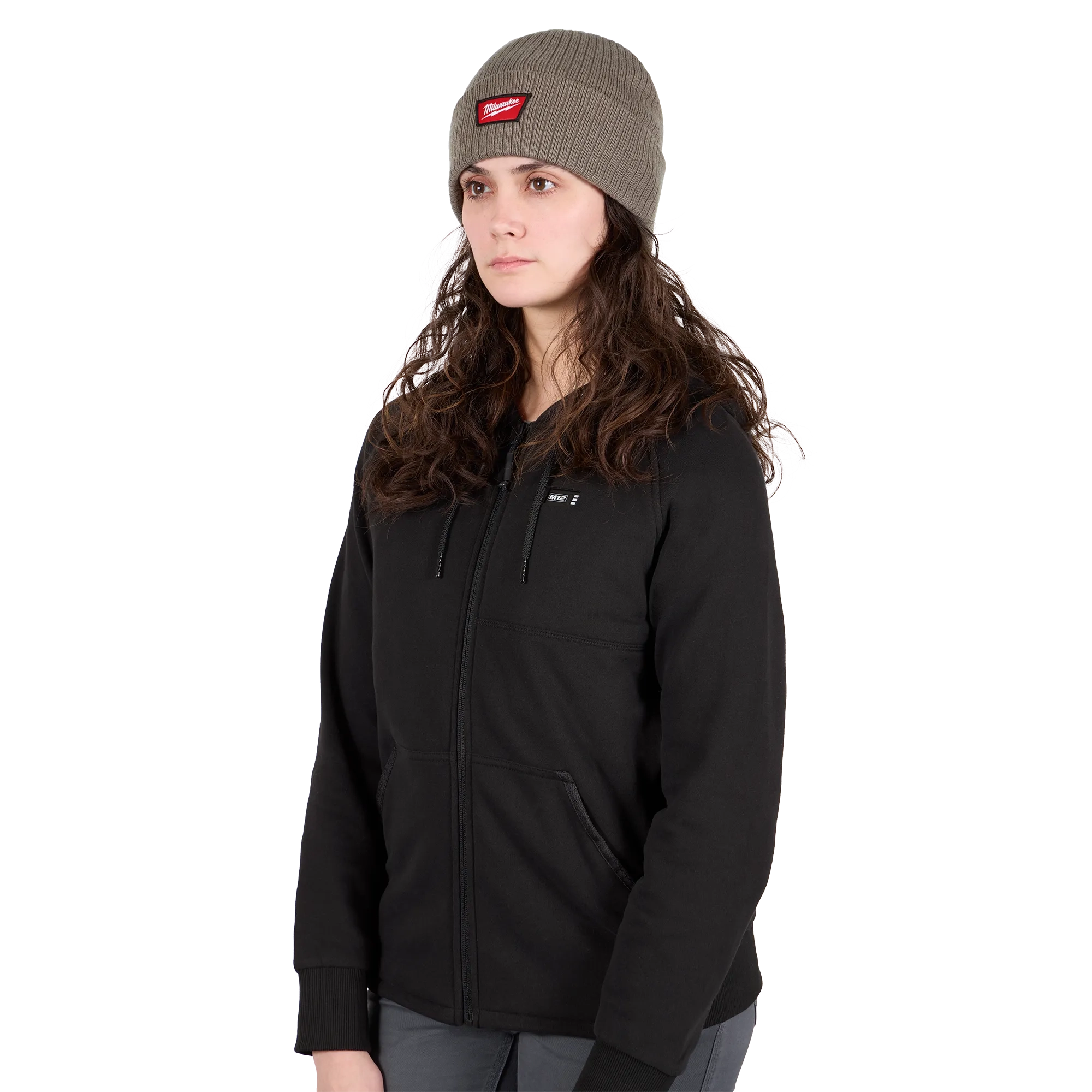 Image of a woman wearing the Milwaukee Rib-Knit Cuffed Beanie in brown