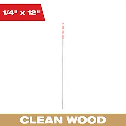 The 1/4 x 12 Inch Bellhanger Bit is a long, slender drill bit suitable for clean wood drilling. It features a red and silver design, indicating its specialized use.