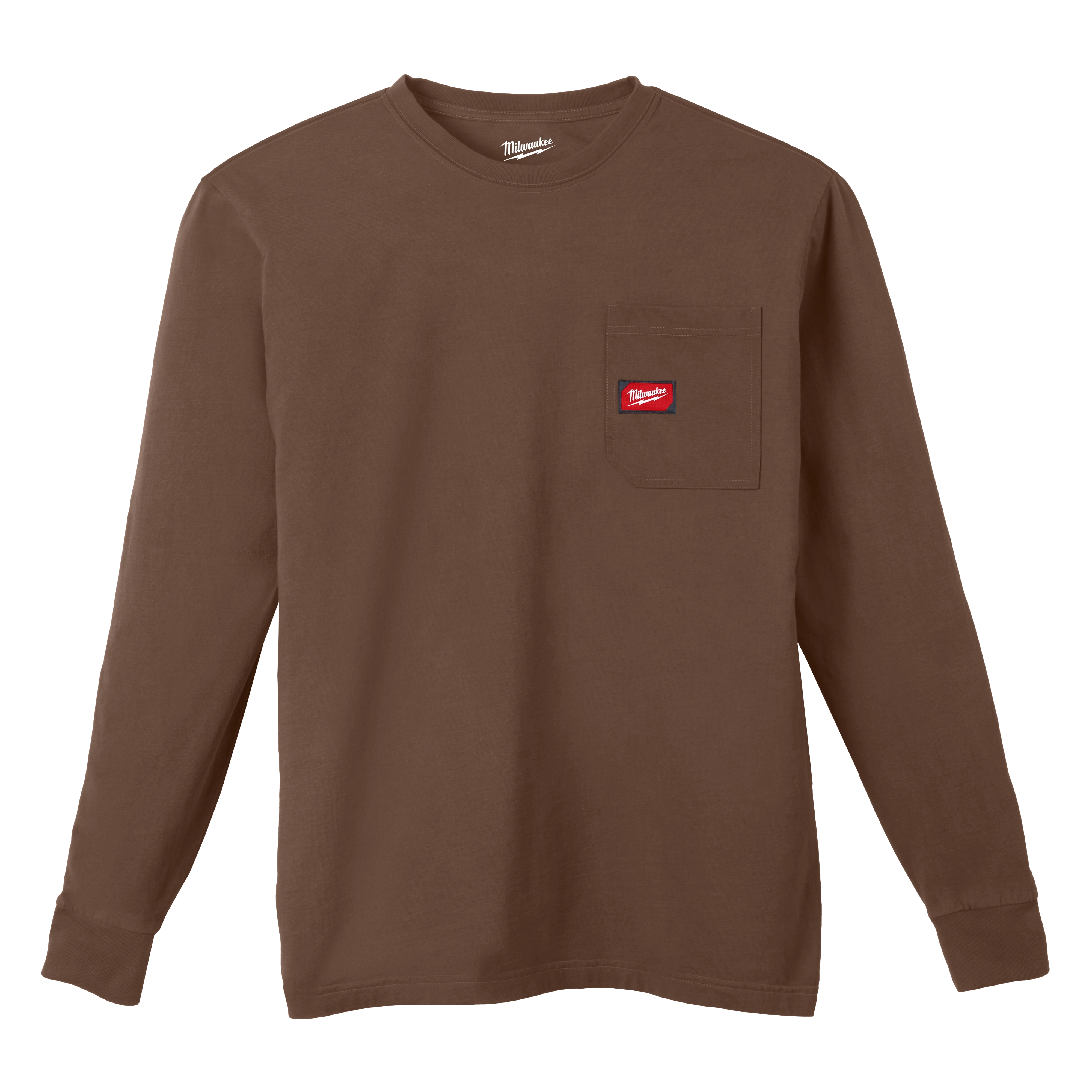 Heavy Duty Pocket T-Shirt - Brown, featuring a front pocket with a red logo patch and long sleeves.