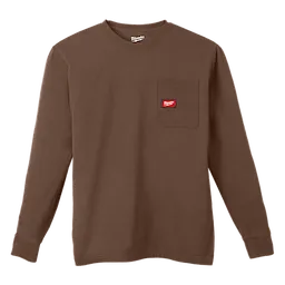Heavy Duty Pocket T-Shirt - Brown, featuring a front pocket with a red logo patch and long sleeves.