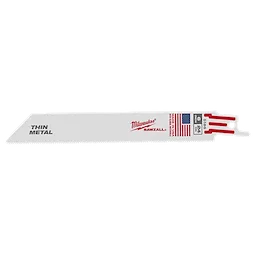 Milwaukee SAWZALL® Blades (5 Pk), 6" 24 TPI, designed for cutting thin metal. Blade features the brand name in red, American flag emblem, and "Thin Metal" label on a white background. These are high-performance blades made in the USA.