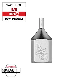 1/4" Drive 5/64" Low-Profile Hex Bit Socket with engraved size marking. Features include SAE hex drive, low-profile design, and lifetime guarantee label.