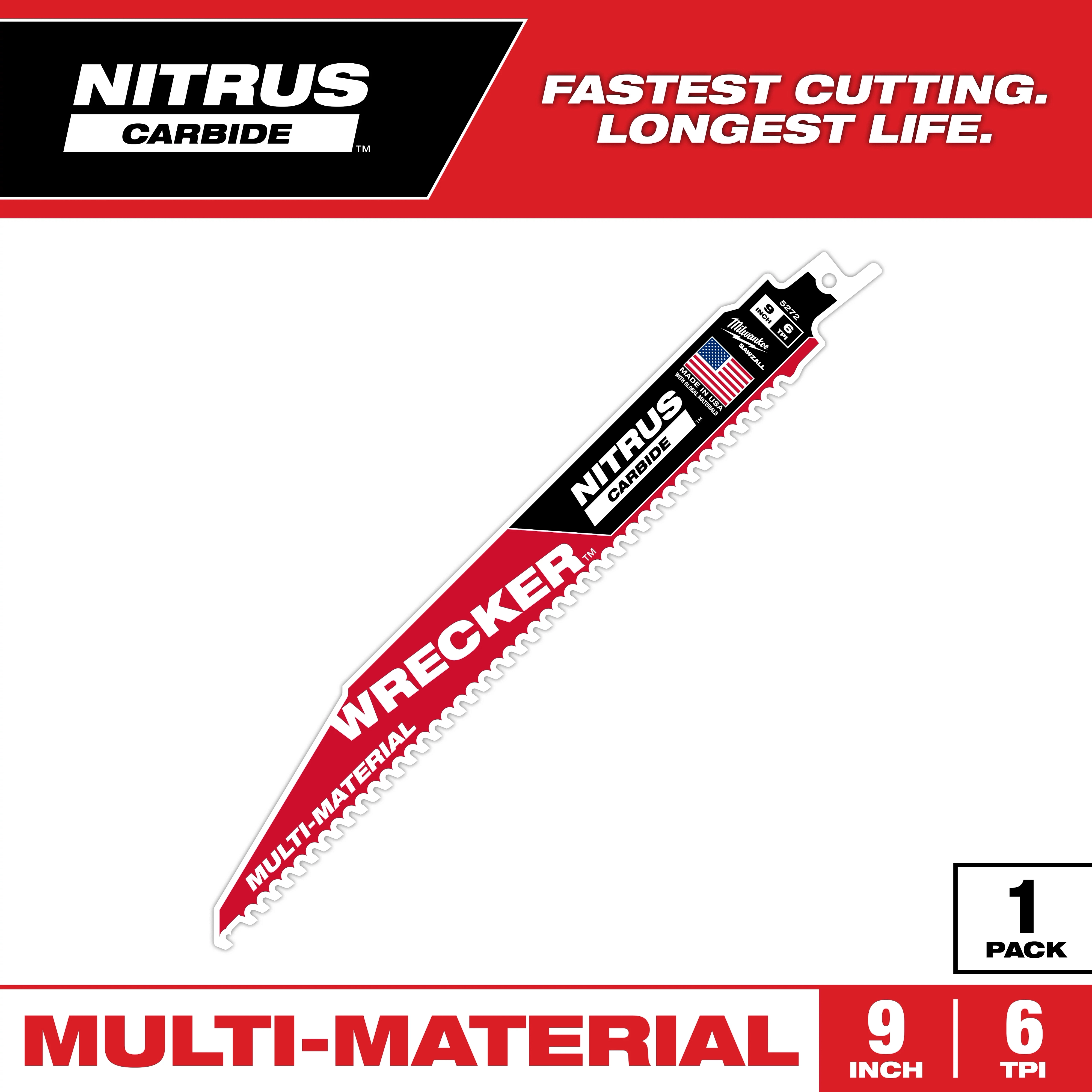 The Nitrus Carbide Wrecker blade pictured is 9 inches long with 6 teeth per inch, designed for multi-material cutting. The packaging highlights "Fastest Cutting. Longest Life." and includes an American flag, signifying it is made in the USA. The product comes in a pack of one.