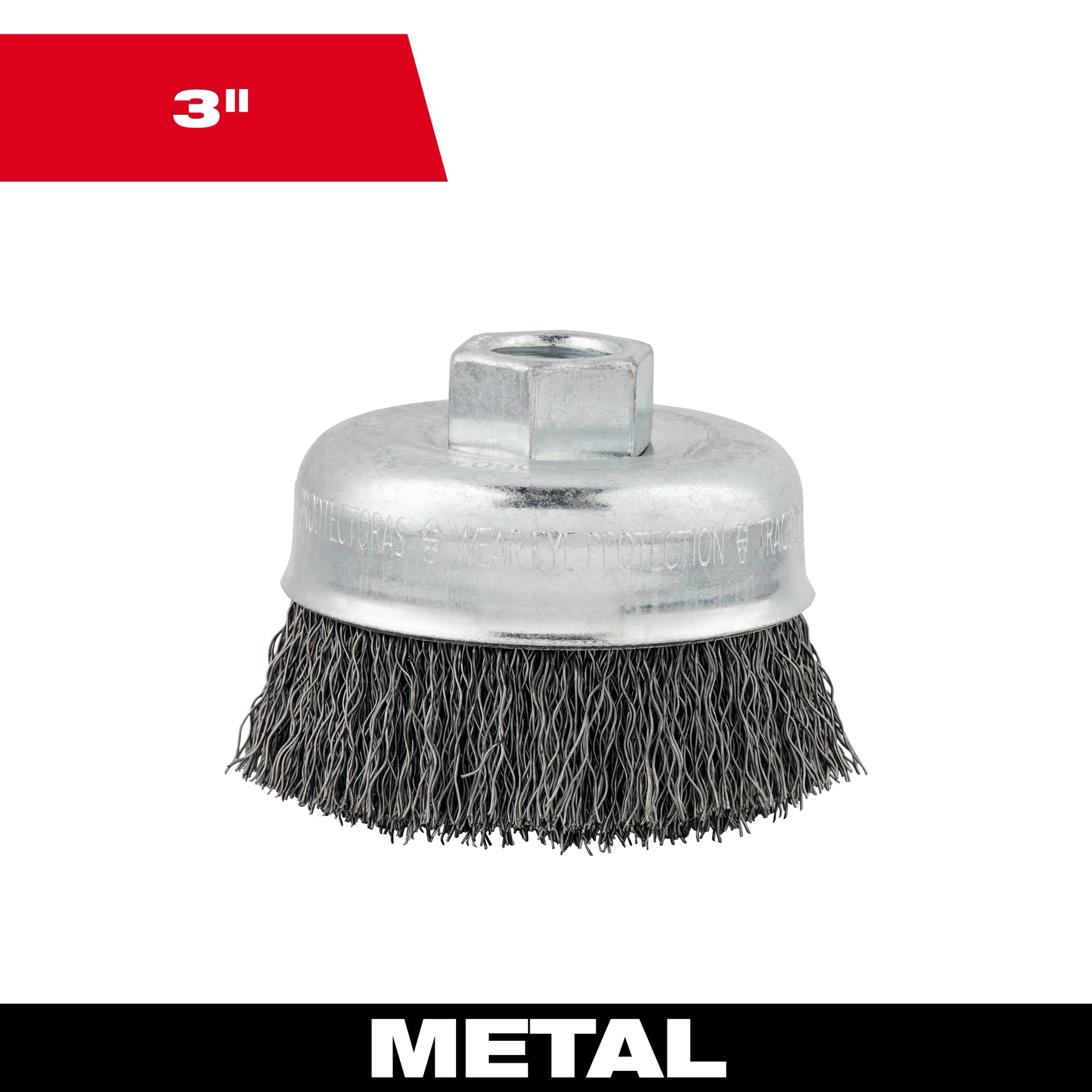 3" Crimped Wire Cup Brush made of carbon steel, used for metal cleaning and surface preparation, shown with red 3" label.