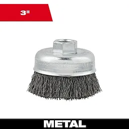 3" Crimped Wire Cup Brush made of carbon steel, used for metal cleaning and surface preparation, shown with red 3" label.