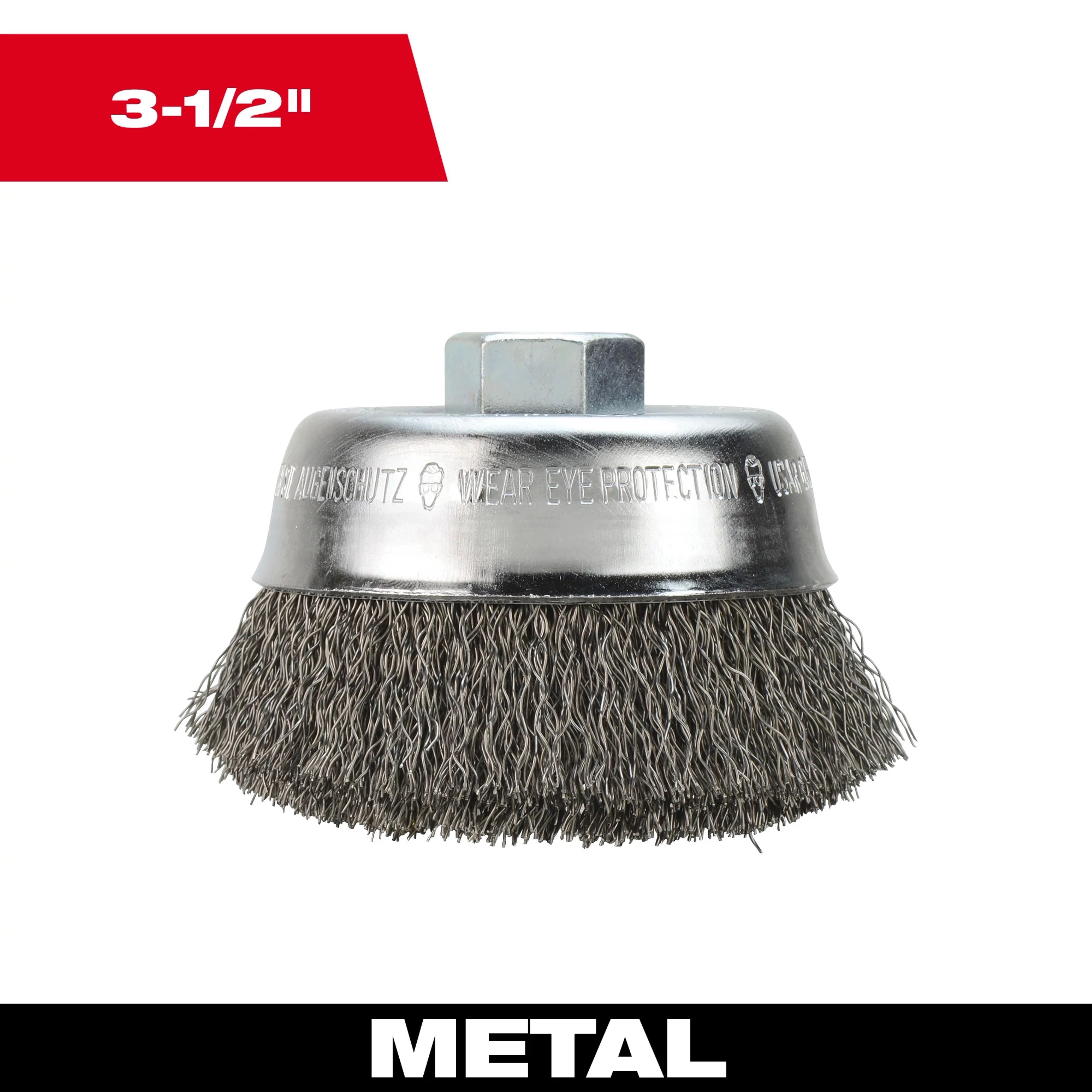 3-1/2" Crimped Wire Cup Brush made of carbon steel with a metallic finish, designed for heavy-duty metal polishing tasks.