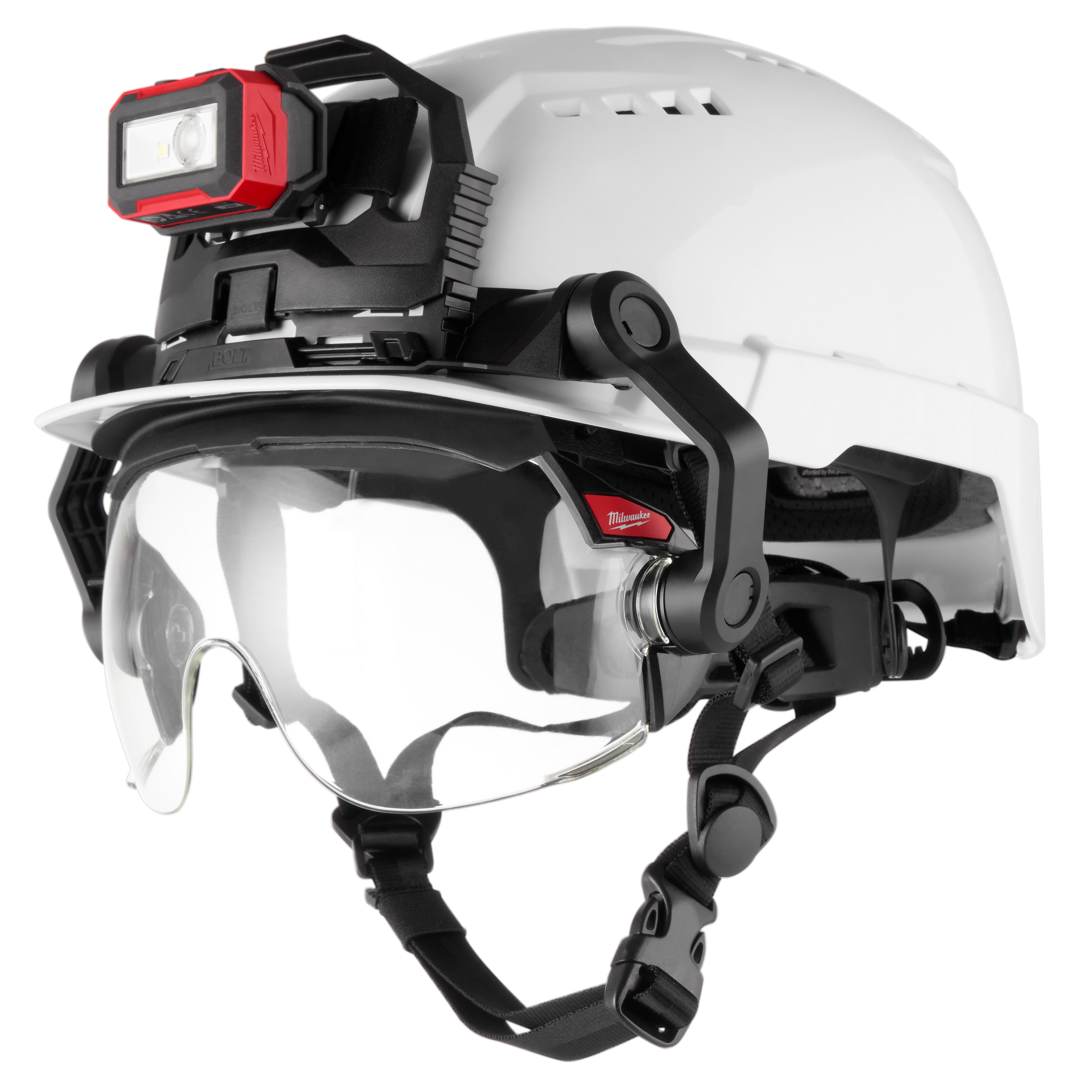 Image of the Milwaukee BOLT Clear Dual Coat Lens Gasketed Eye Visor on a BOLT helmet