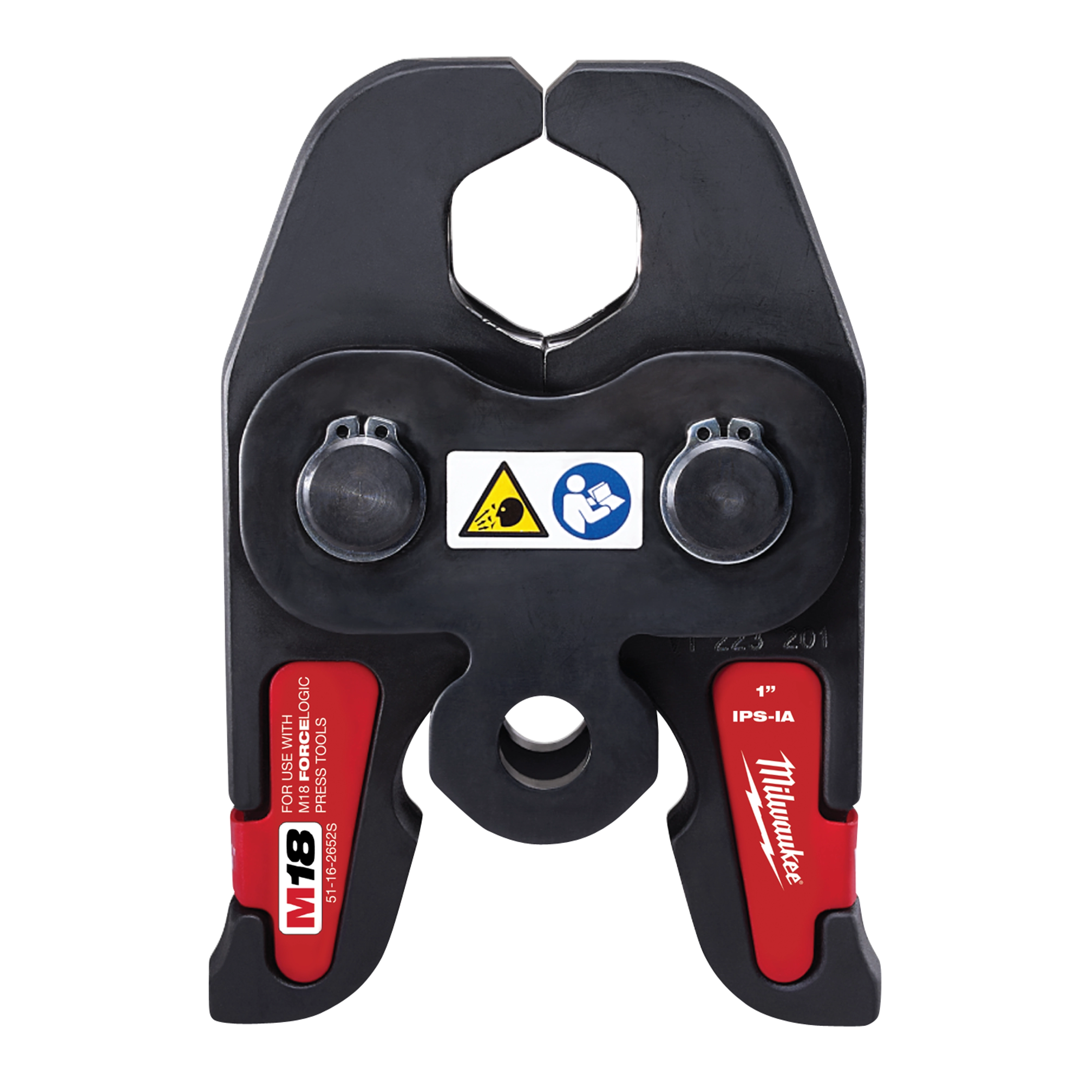 M18 Jaws and Rings - Stainless Steel, black with red accents, circular logo and warning icons in the center, used for pressing.