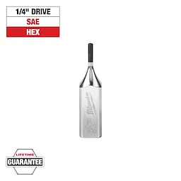 This image shows a Milwaukee brand 1/4" drive SAE hex bit. The bit is metallic, with "Milwaukee" engraved on it. Text on the image highlights "1/4" Drive," "SAE," and "Hex." A "Lifetime Guarantee" badge is also visible in the bottom left corner.