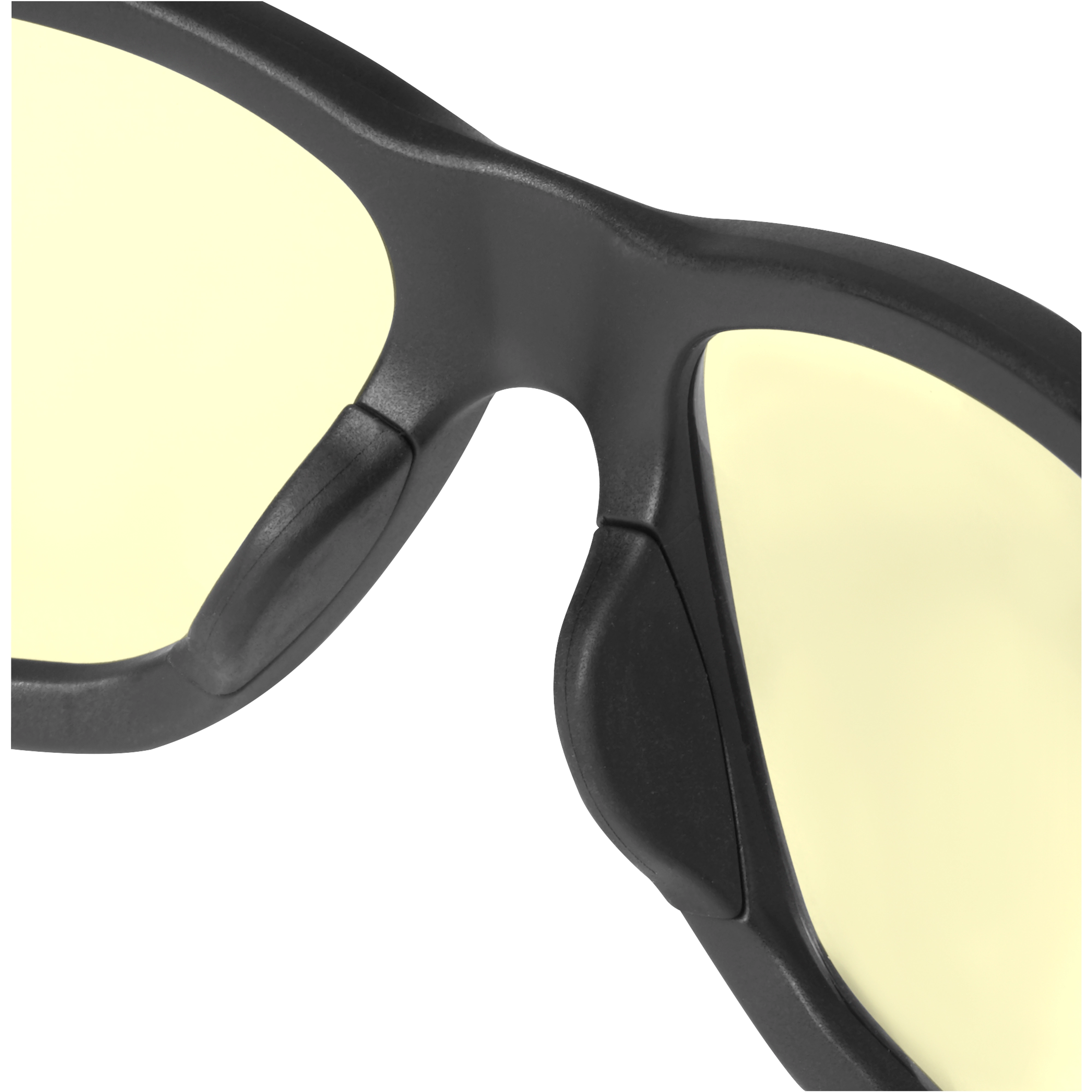 Close-up image of Performance Safety Glasses with yellow fog-free lenses and black frame showcasing the nose bridge and lens edges.