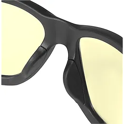 Close-up image of Performance Safety Glasses with yellow fog-free lenses and black frame showcasing the nose bridge and lens edges.