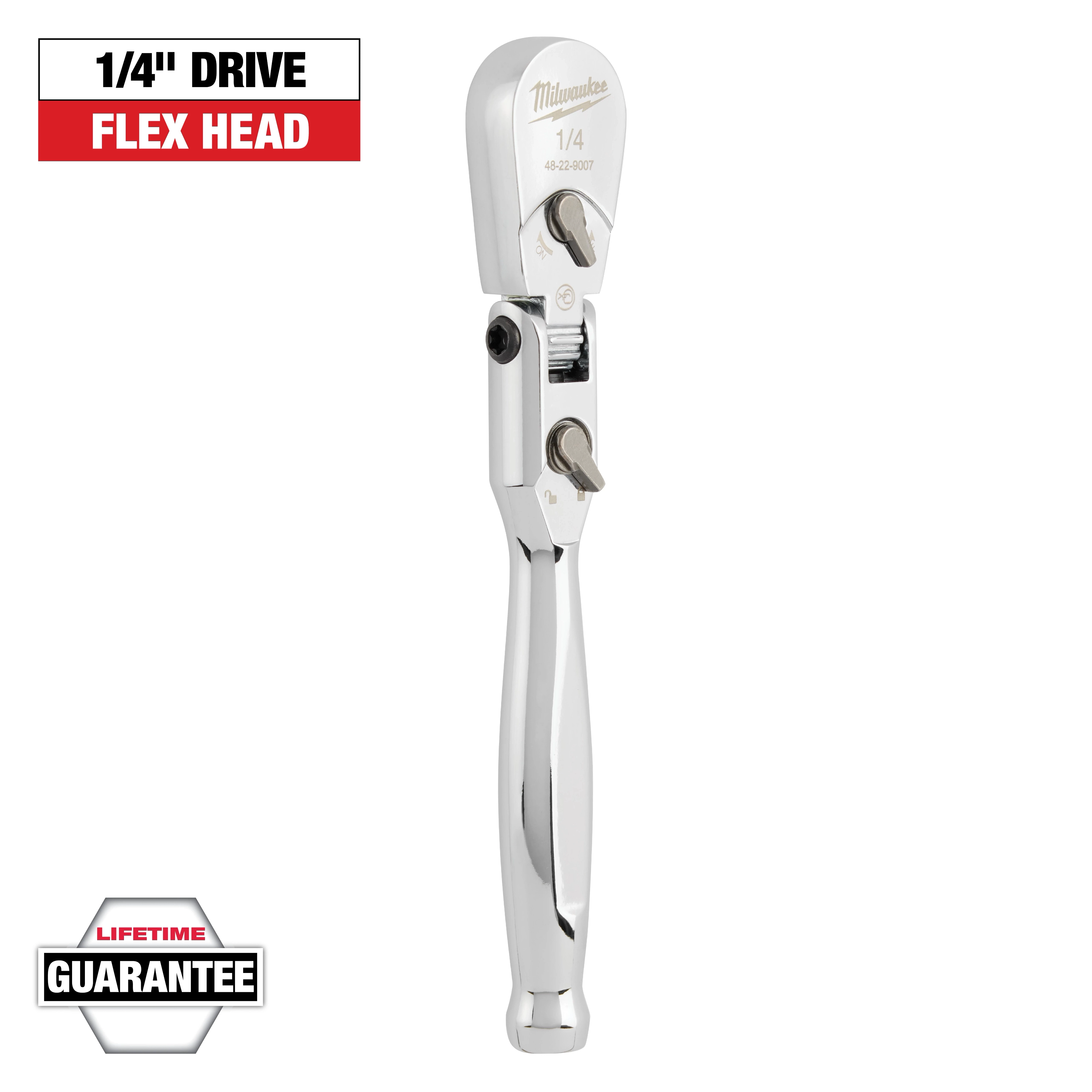 This is a Milwaukee 1/4" drive flex head ratchet with a chrome finish. The image highlights its lifetime guarantee. The text reads "1/4" DRIVE FLEX HEAD" in a black and red box, and "LIFETIME GUARANTEE" in a gray hexagon.