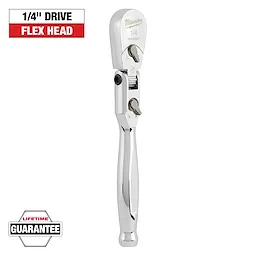 This is a Milwaukee 1/4" drive flex head ratchet with a chrome finish. The image highlights its lifetime guarantee. The text reads "1/4" DRIVE FLEX HEAD" in a black and red box, and "LIFETIME GUARANTEE" in a gray hexagon.