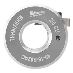 Milwaukee 49-16-BOZAC die with a central hole and engraved details including "210 CU" and "THHNXHHW" on its surface.