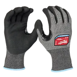 Cut Level 2 High-Dexterity Nitrile Dipped Gloves in medium, displaying both front and back views, with black palms and gray backs.