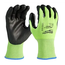 Hi Vis Cut Gloves with black palms and fingers, bright green backhand, and blue trim on the cuffs. The brand name is printed on one glove.