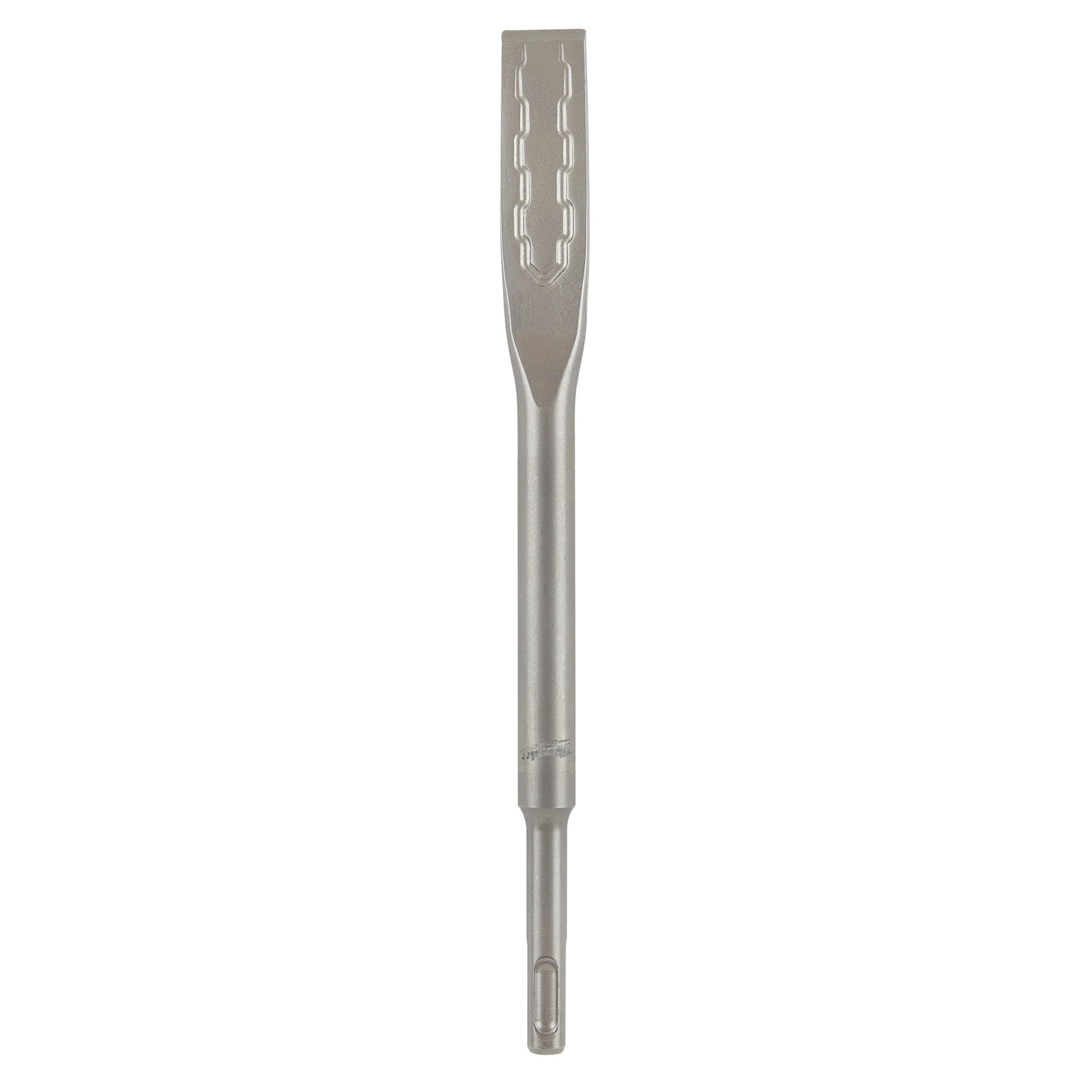 SDS-PLUS SLEDGE 3/4" X 10" FLAT CHISEL is a silver metal chisel with a flat, ridged, and wide cutting edge, designed for heavy-duty applications.
