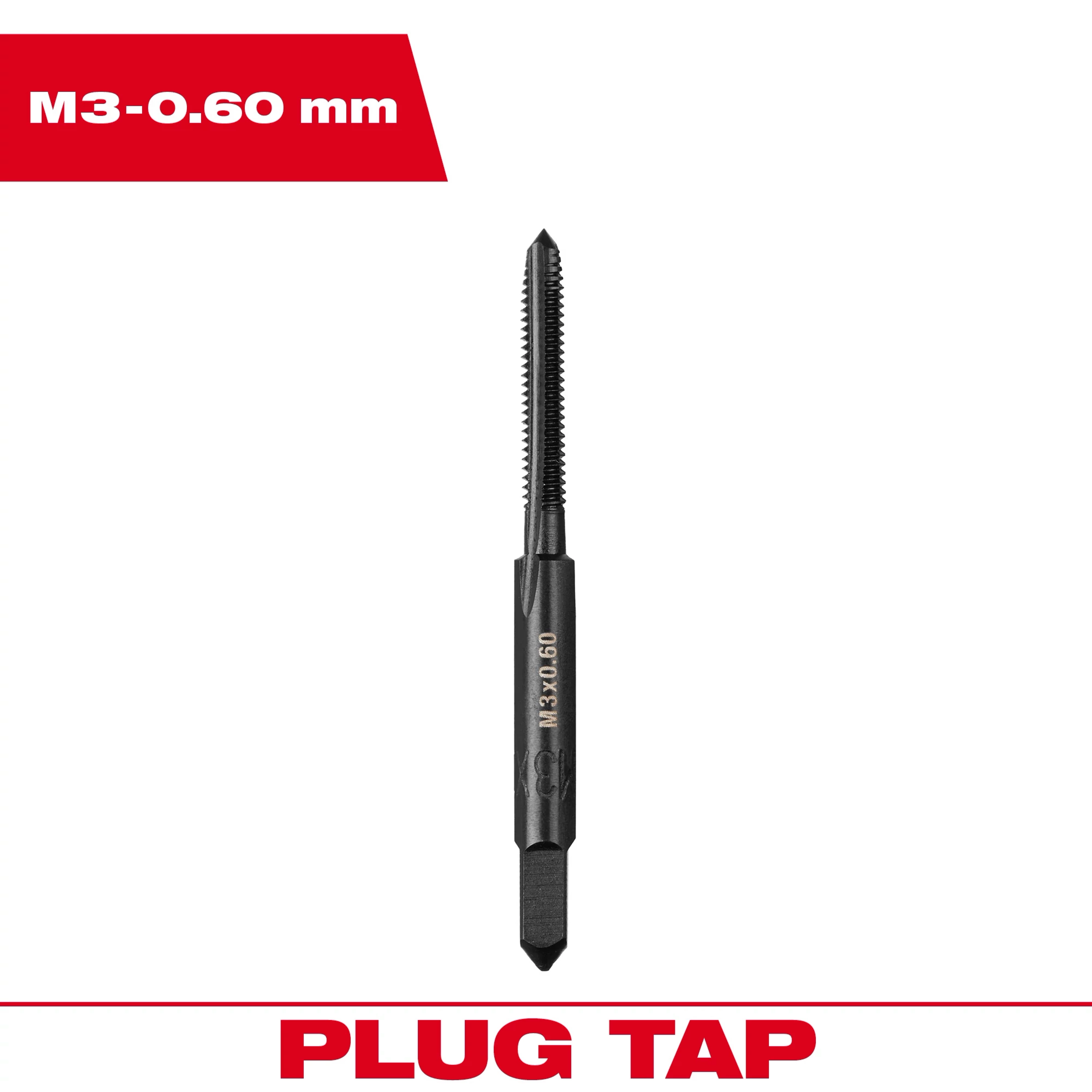 M3-0.60 20mm Straight Flute Plug Tap, a black metal tool designed for cutting threads, with size markings on the shank.