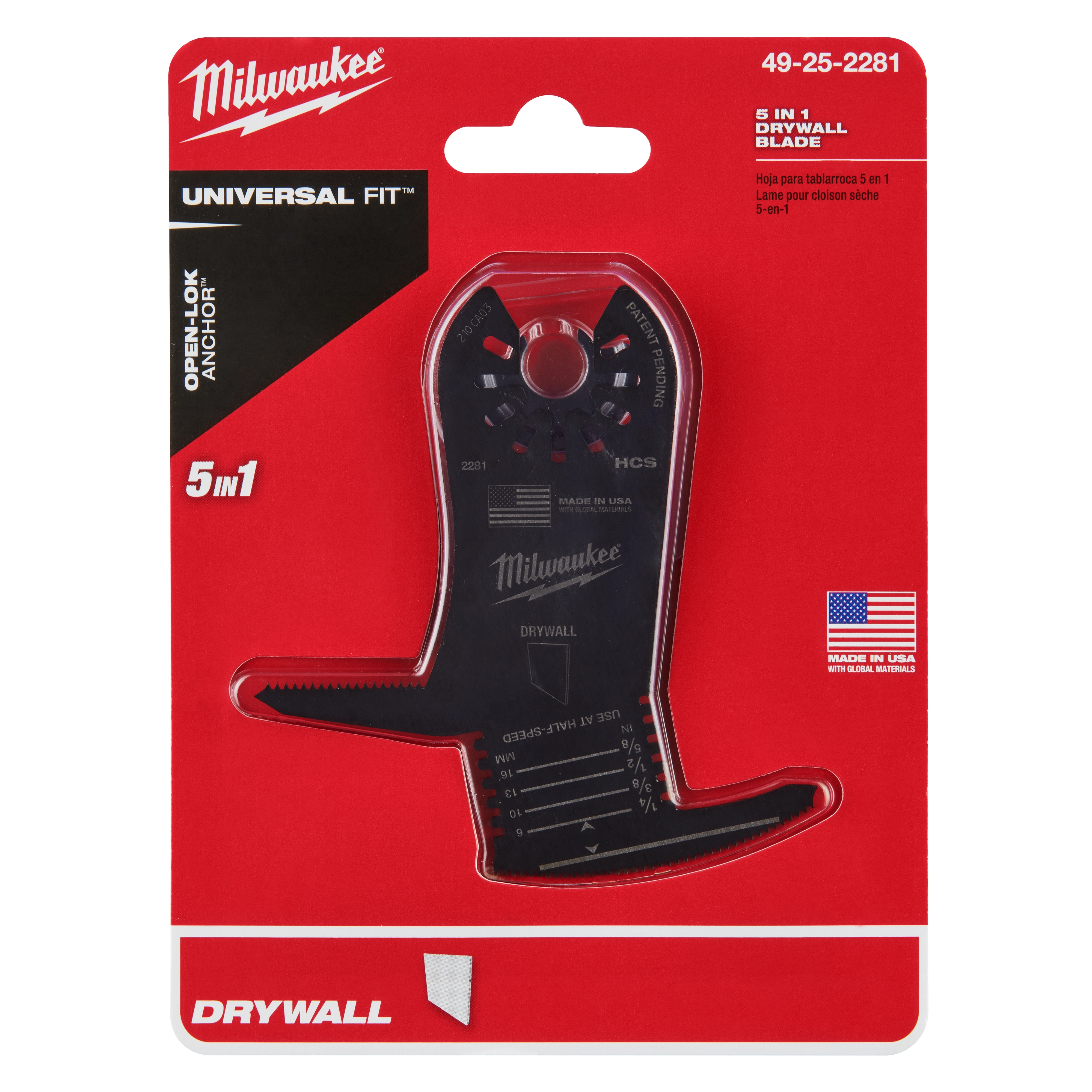 Milwaukee OPEN-LOK 5-IN-1 Drywall Blade 1PK in black, packaged in a red blister pack. Made in USA, Universal Fit. Model number 49-25-2281.