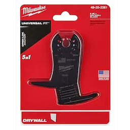 Milwaukee OPEN-LOK 5-IN-1 Drywall Blade 1PK in black, packaged in a red blister pack. Made in USA, Universal Fit. Model number 49-25-2281.