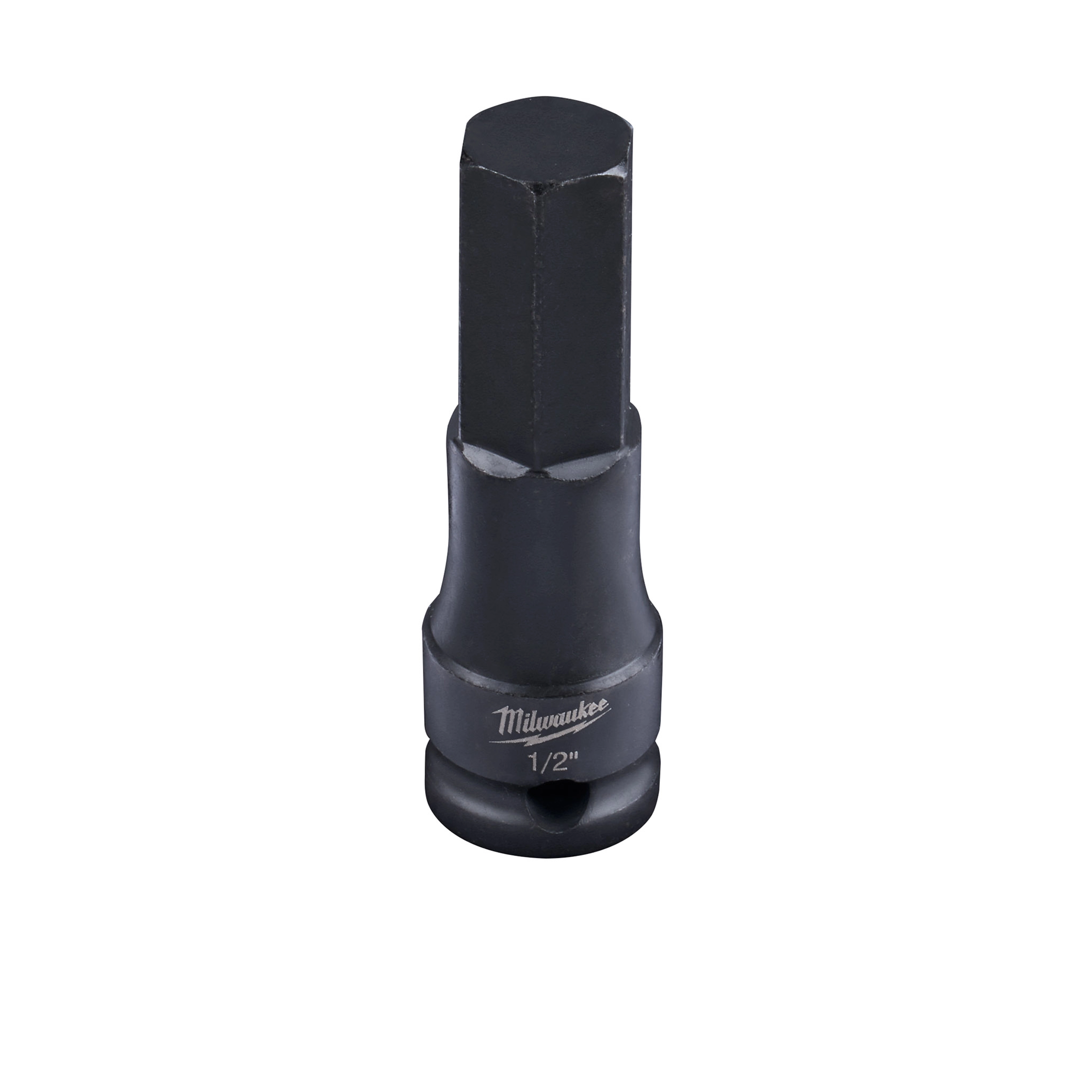 The image displays a 3/8" Drive 1/2" Hex Bit Socket by Milwaukee. The socket is black and has the brand and size engraved on it. It is designed for use with compatible drive tools for fastening applications.