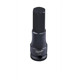 The image displays a 3/8" Drive 1/2" Hex Bit Socket by Milwaukee. The socket is black and has the brand and size engraved on it. It is designed for use with compatible drive tools for fastening applications.