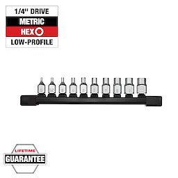 10-piece 1/4” Drive Low-Profile Hex Bit Socket Set - Metric, displayed in a black holder with sizes from 2mm to 10mm.