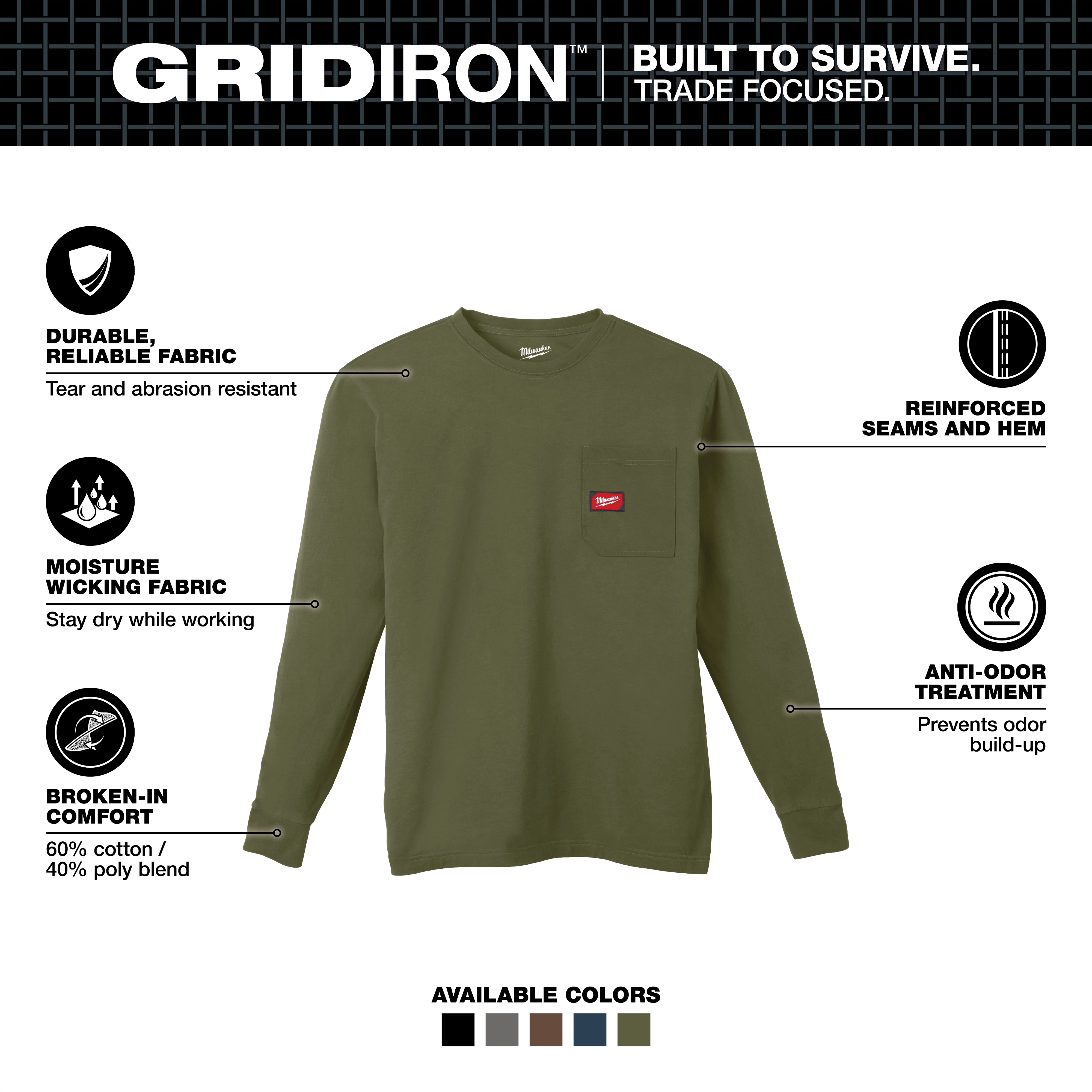 GRIDIRON Pocket Long Sleeve T-Shirt features tear-resistant fabric, moisture-wicking properties, reinforced seams, anti-odor treatment, and a cotton/poly blend.