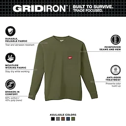 GRIDIRON Pocket Long Sleeve T-Shirt features tear-resistant fabric, moisture-wicking properties, reinforced seams, anti-odor treatment, and a cotton/poly blend.