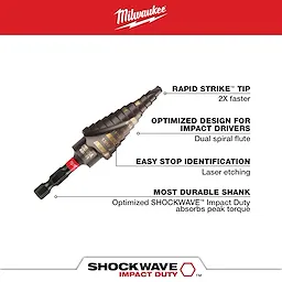 The SHOCKWAVE 3/16 in. x 7/8 in. #4 Impact-Duty Titanium Step Bit features rapid strike tip for faster performance, optimized design for impact drivers, easy stop identification with laser etching, and a durable shank that absorbs peak torque. Designed for enhanced efficiency and durability during drilling tasks.