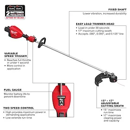 Walkaround image of the Milwaukee M18 FUEL 17” Dual Battery String Trimmer highlighting its USPs