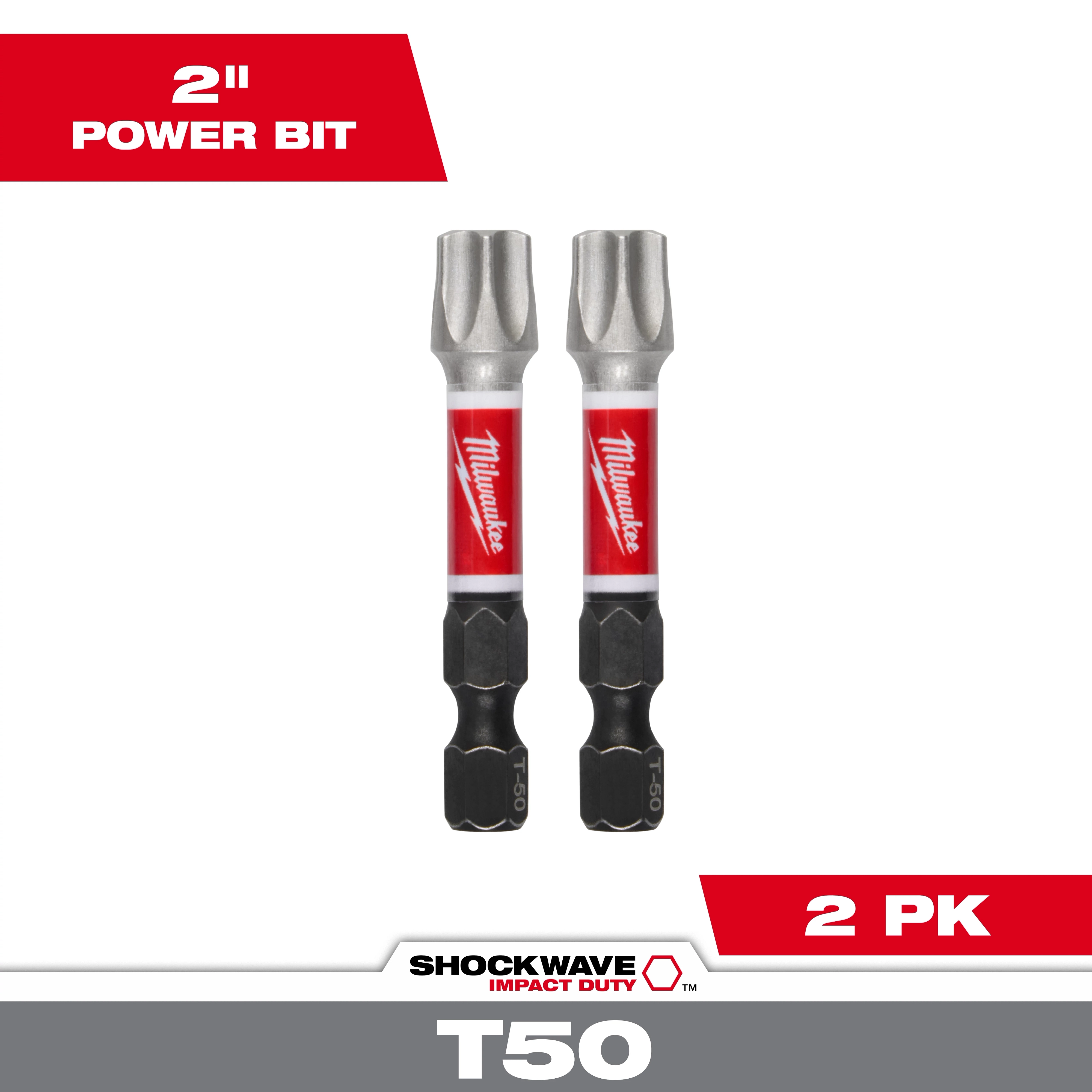 The image shows a packaging of SHOCKWAVE™ Impact Duty 2" T50 Impact Bits 2Pk. It includes two Milwaukee brand impact bits designed for heavy-duty applications. The bits are silver and black with a red Milwaukee logo in the center. Text labels highlight "2" Power Bit" and "2 PK."