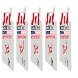 Five Milwaukee SAWZALL® blades for medium metal are displayed. The blades are 4 inches long with 14 teeth per inch (TPI). Each blade has the USA flag and "Made in USA with global materials" printed on it. The model number 5181 is shown above the specifications.