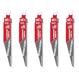 The image shows five 6%22%206%20TPI%20THE%20WRECKER%E2%84%A2%20with%20Carbide%20Teeth%20SAWZALL%C2%AE%20Blades arranged vertically. Each blade features a red and gray design with "CARBIDE TEETH" and "WRECKER" printed on the front, along with an American flag and branding details.