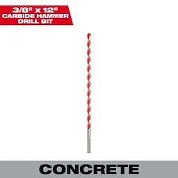 3/8 in. x 10 in. x 12 in. Carbide Hammer Drill Bit with red and silver spiral design for concrete drilling.