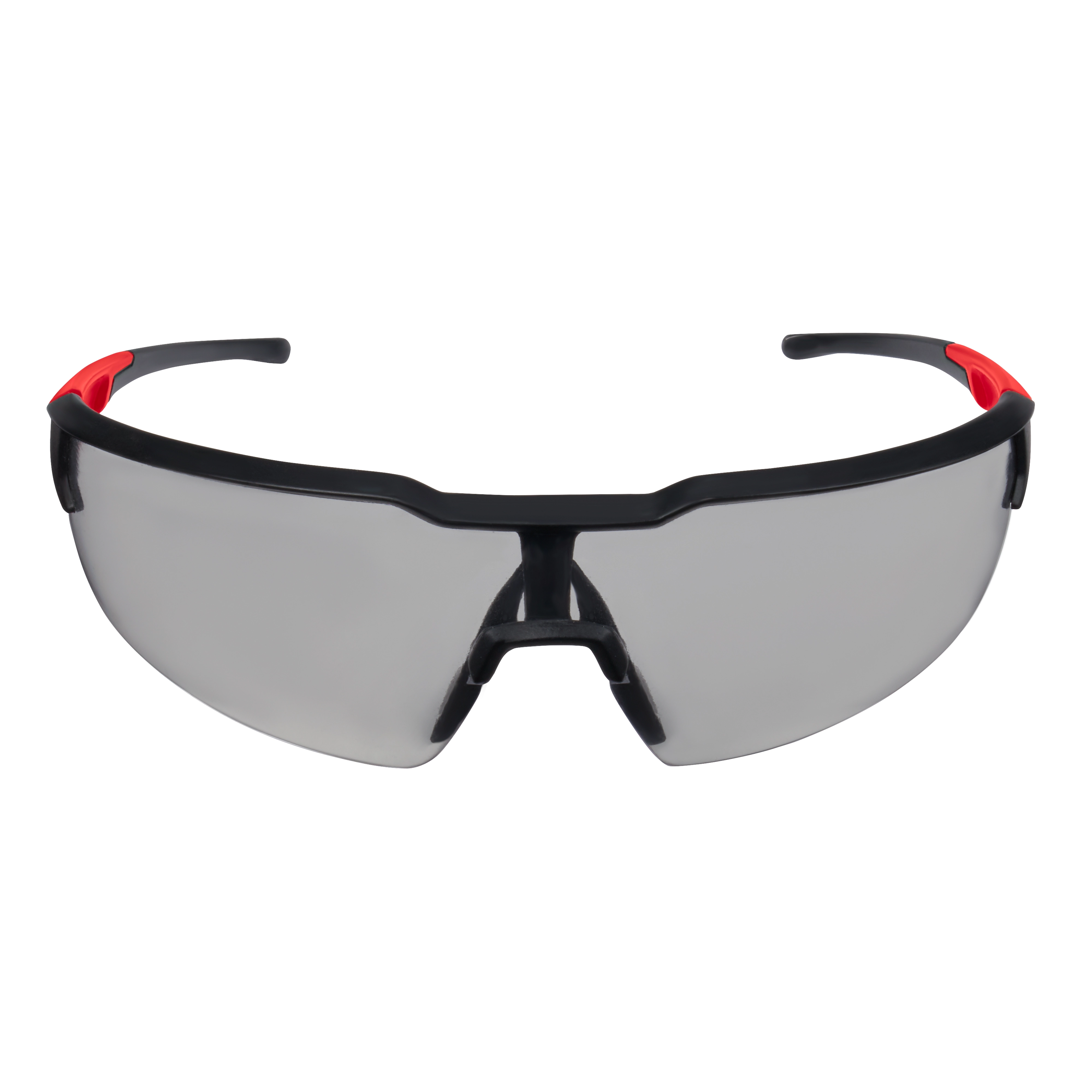 Safety Glasses - Gray Anti-Scratch Lenses feature a sleek black frame with red accents and wraparound gray lenses designed to resist scratches. The glasses provide eye protection for various tasks while ensuring a comfortable fit.