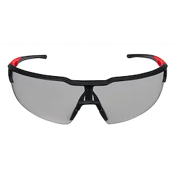 Safety Glasses - Gray Anti-Scratch Lenses feature a sleek black frame with red accents and wraparound gray lenses designed to resist scratches. The glasses provide eye protection for various tasks while ensuring a comfortable fit.