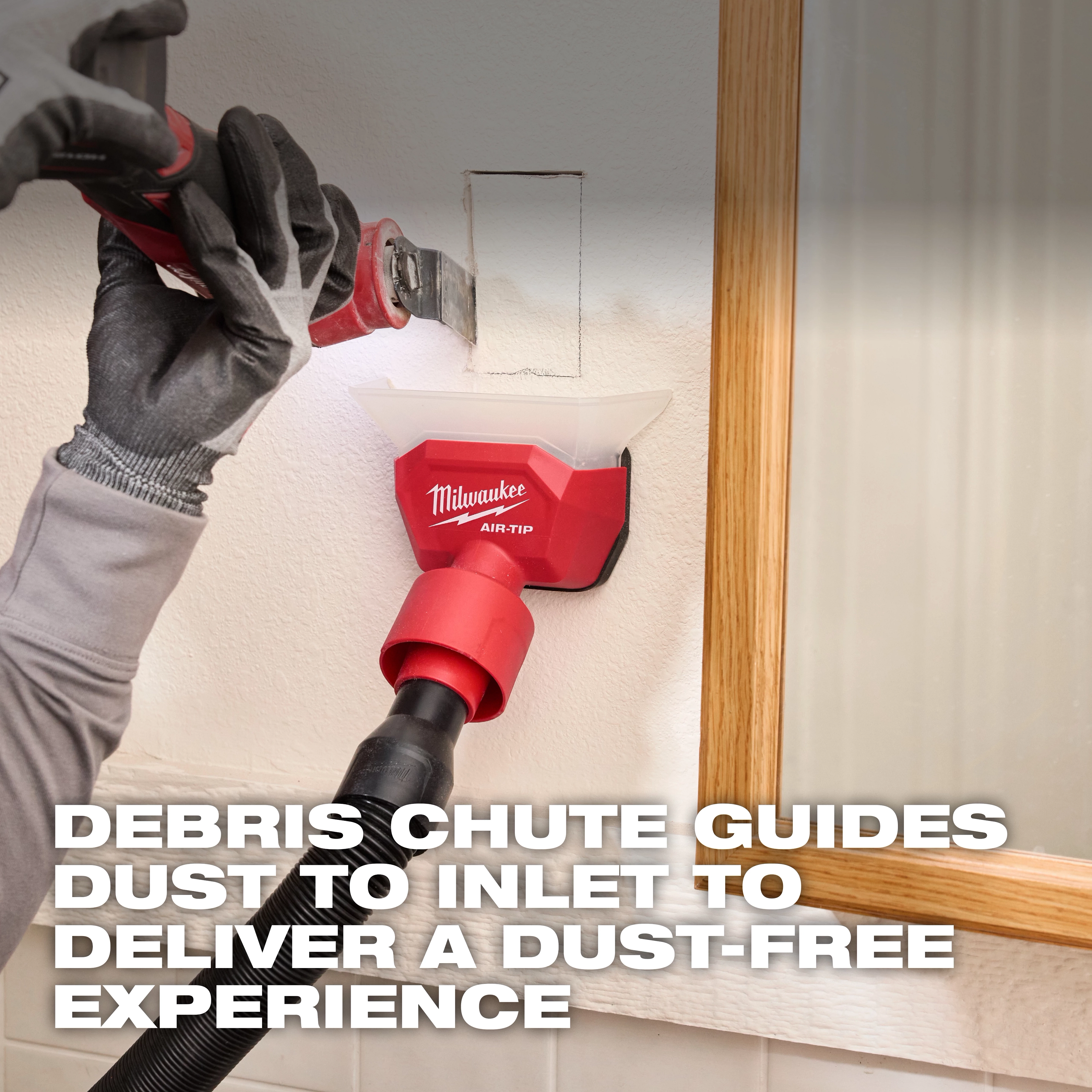 AIR-TIP Compact Dust Collector with a debris chute guides dust into the inlet from a power tool, ensuring a dust-free experience.