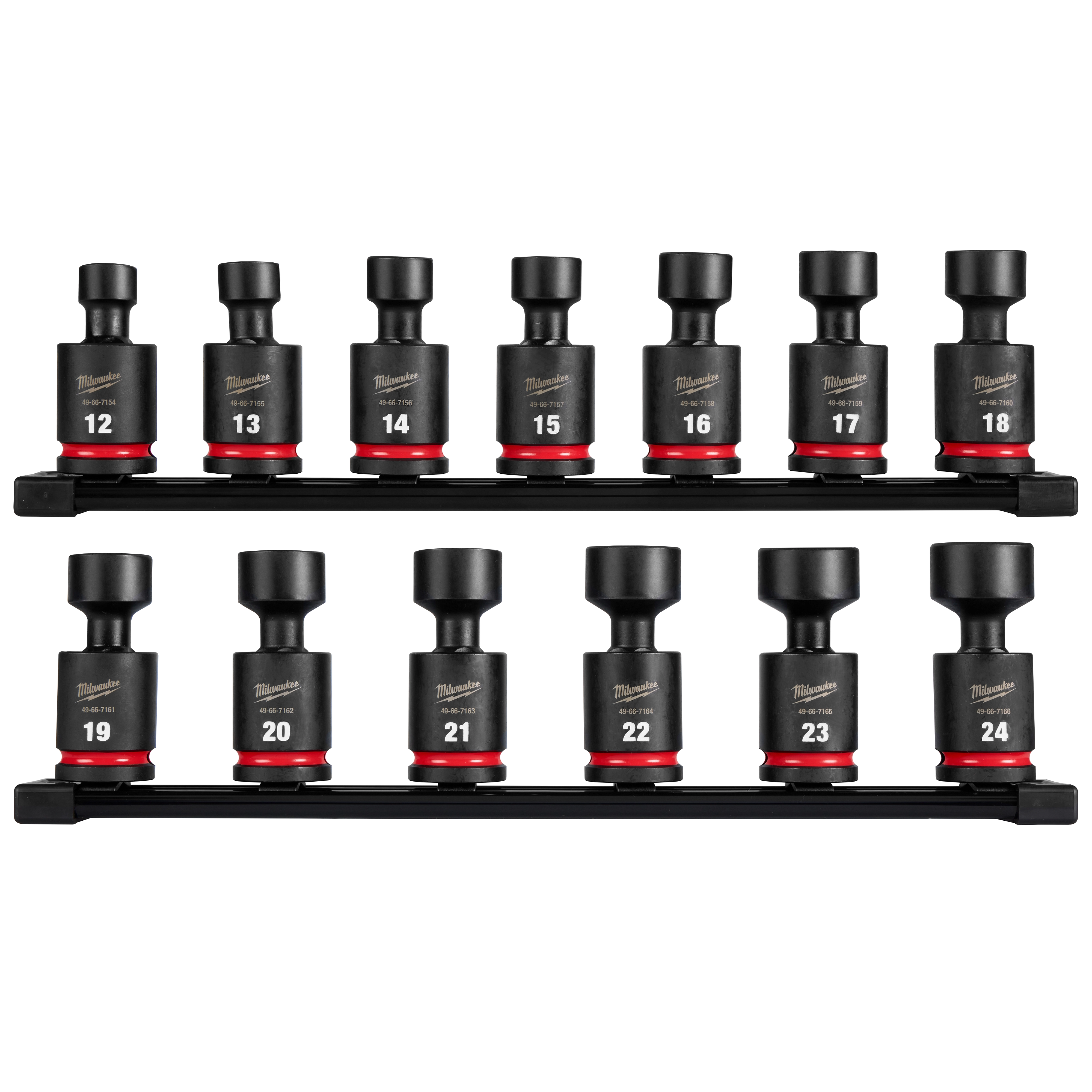 The 13PC SHOCKWAVE Impact Duty 1/2" Drive 6 Point Metric Standard Swivel Socket Set consists of 13 swivel sockets with red bands, ranging from size 12 to 24. The sockets are arranged in two rows with size markings.