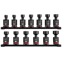 The 13PC SHOCKWAVE Impact Duty 1/2" Drive 6 Point Metric Standard Swivel Socket Set consists of 13 swivel sockets with red bands, ranging from size 12 to 24. The sockets are arranged in two rows with size markings.