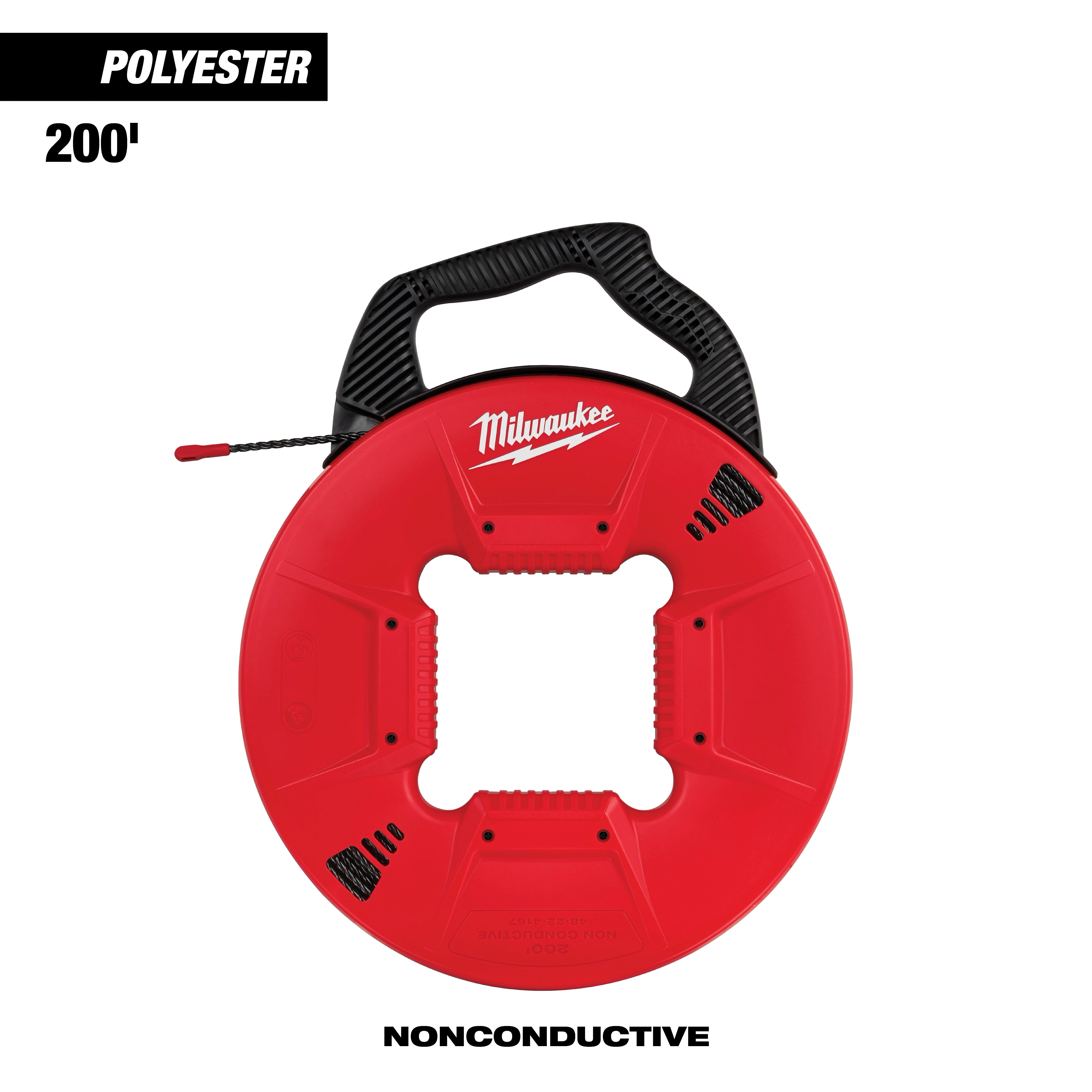 200' POLY W/ PLASTIC TIP FISH TAPE, red coil with a black handle and nonconductive properties, suitable for fishing wires.