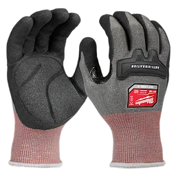 The image displays a pair of Anti-Vibration Cut Level 4 High Dexterity Nitrile Dipped Gloves in size M. The gloves feature padded palms, nitrile coating, and red labels indicating cut resistance level and brand details.