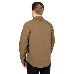 The M12 Shirt Jacket is shown in tan, viewed from the back. Features a fold-down collar, long sleeves.