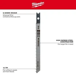 4" 10TPI U-Shank Wood High Carbon Steel Jig Saw Blade, 5-pack. Features universal U-shank design, high carbon steel construction, and 10 teeth per inch.