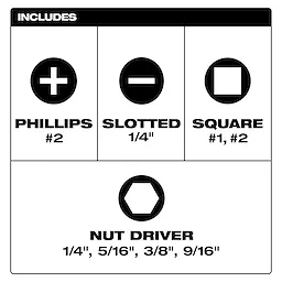 The 8-IN-1 Multi-Bit & Nut Driver W/ SHOCKWAVE Impact Duty Bits & Nut Drivers includes Phillips #2, Slotted 1/4", Square #1 and #2 bits, and Nut Driver sizes 1/4", 5/16", 3/8", and 9/16".
