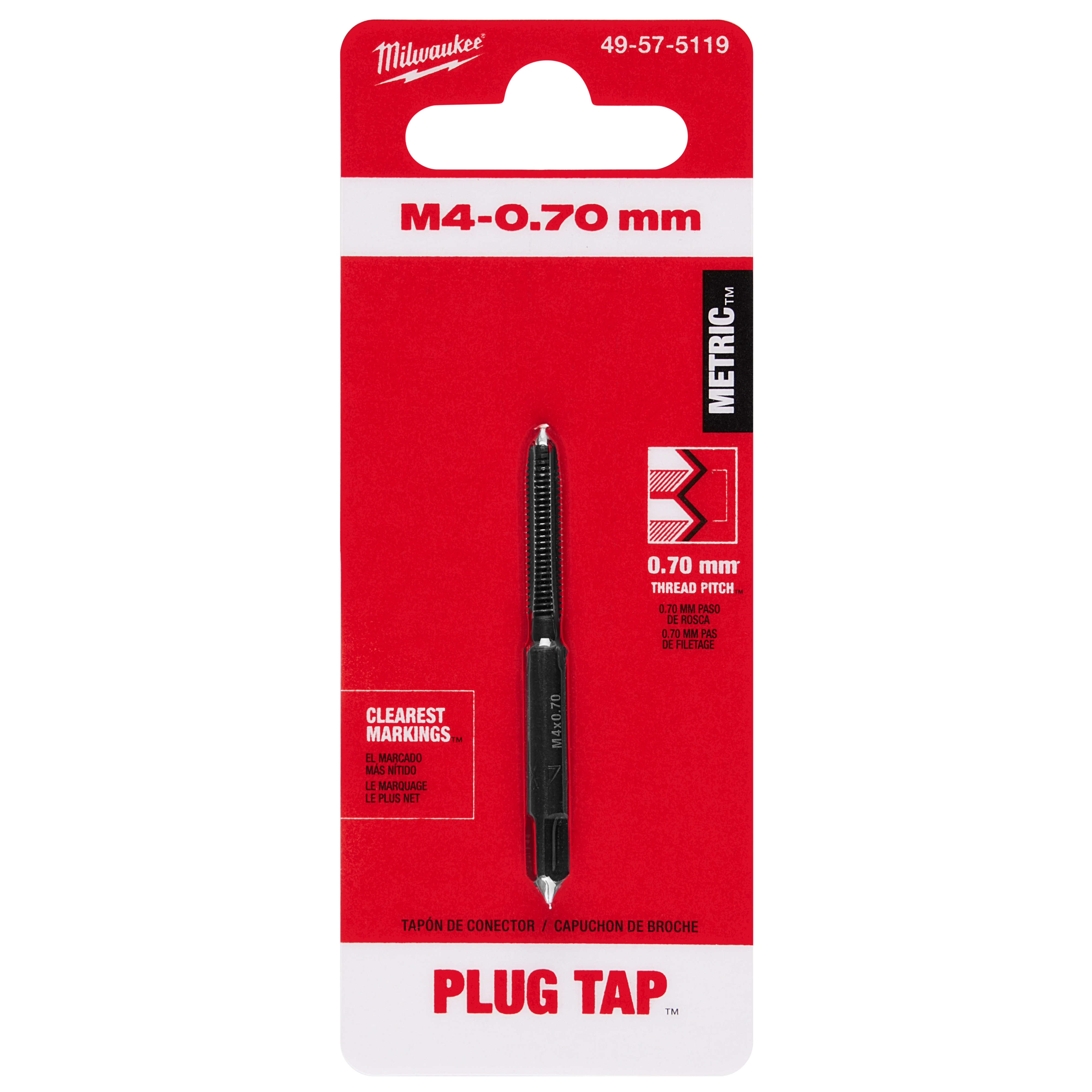 M4-0.70 20mm Straight Flute Plug Tap on a red and white packaging card with metric measurements and clear markings.